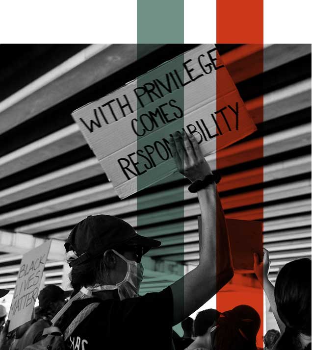 person with a mask in a crowd holding a sign that says with privilege comes responsibility.
